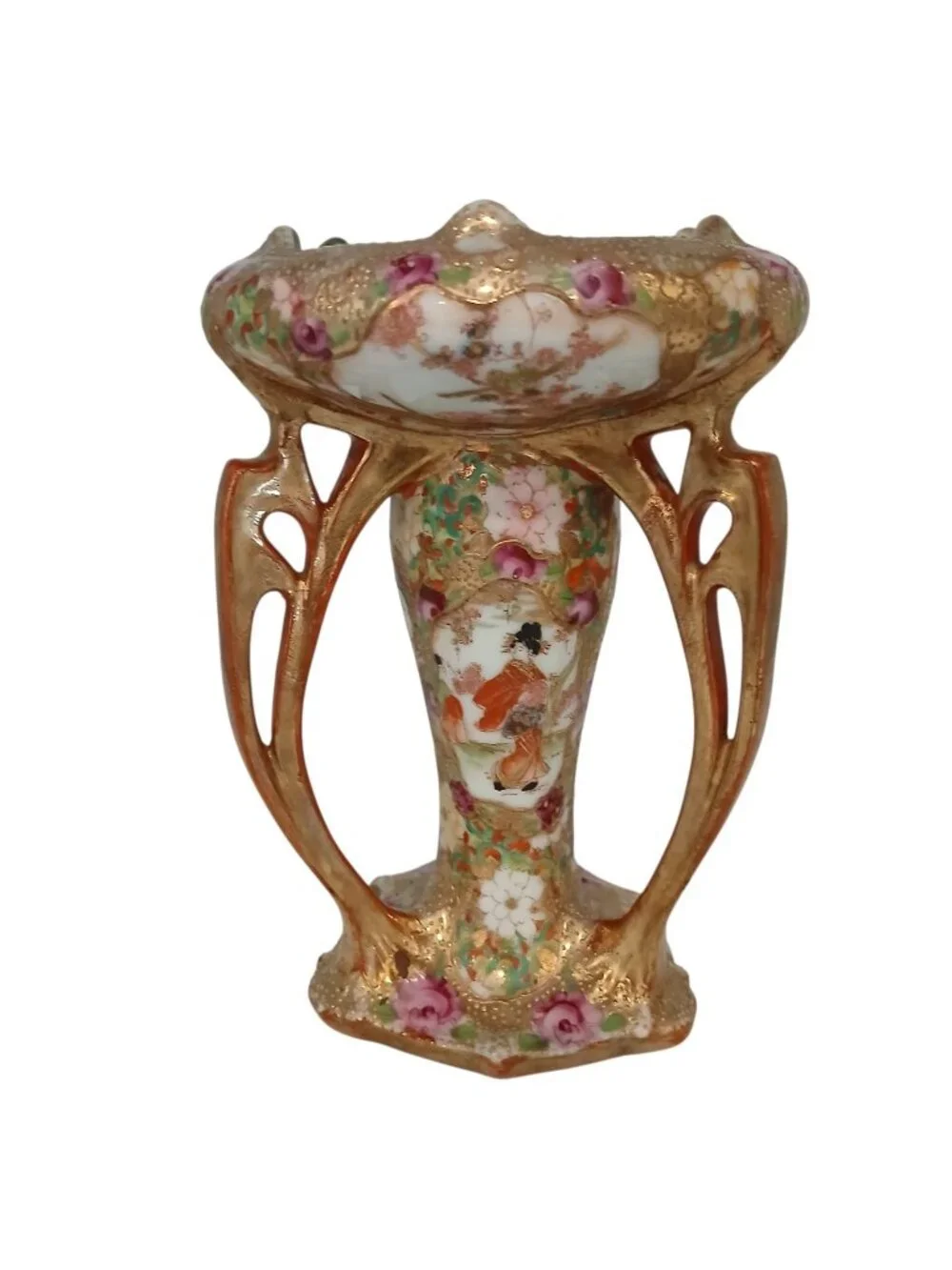 Rare Japanese Satsuma Revival Posy Vase Gilt & Hand Painted Scenes, c.1900–1920